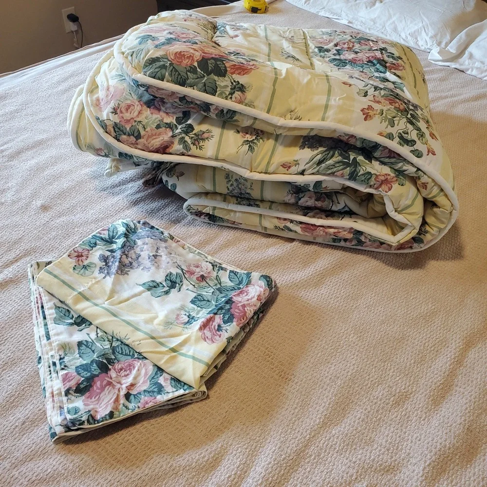 Wamsutta Vintage Floral Comforter Set Full Queen Yellow Rose Stripe 3pc Made USA